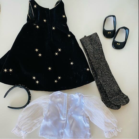 AMERICAN GIRL DOLL Snowflake Jumper Outfit Black Velvet Dress Star Blouse Tights - Picture 7 of 10